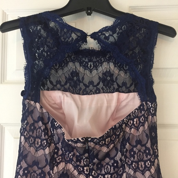 Nude/Blue Lace Overlay Prom/Party Dress Medium/4 - Picture 3 of 5